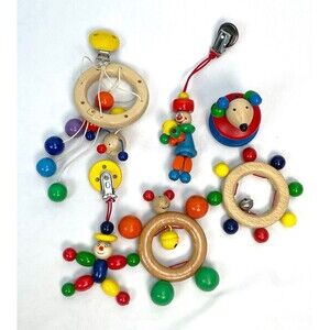 Baby Child Wooden Toys Rings Dog Clown Beads 6pc Montessori